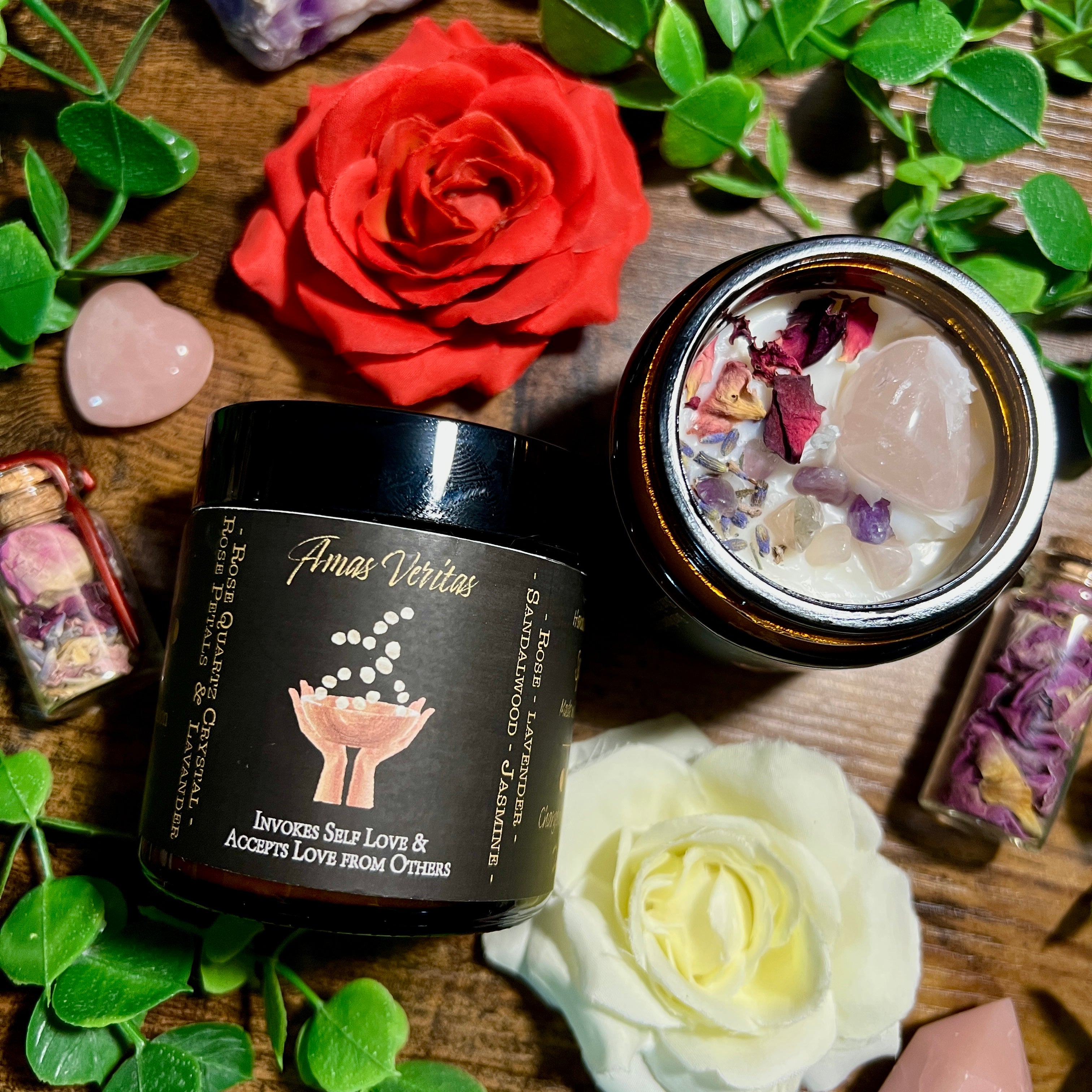 Handmade Organic Soy Wax Candle - Love Spell Rose Quartz, Lavender